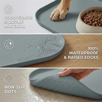 BLESWIN Waterproof Silicone Pet Feeding Mat Grey with Raised Edge,24" x 16"Non-Skid Spill Proof Dog Bowl Mats, Easy Clean Cat Bowls Placemat for Cats and Dogs
