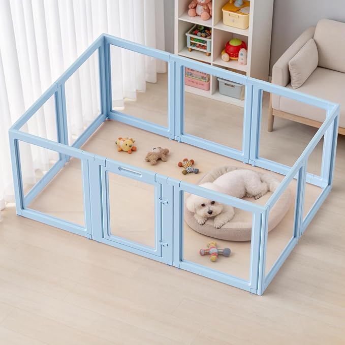 DIY Clear Acrylic Dog Playpen House,Quick Easy Assembly and Disassembly,Strong Floor Suction,Indoor and Outdoor Use,Easy Cleansing Puppy Fence (Sky Blue, 30.3" H, 10PCS)