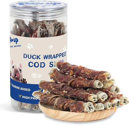 PAWUP Cod Skin Dog Treats with Duck Dog Snacks High Protein and Omega-3, Natural Dog Chews w/Taurine, 12.5 oz (12-15 Count)