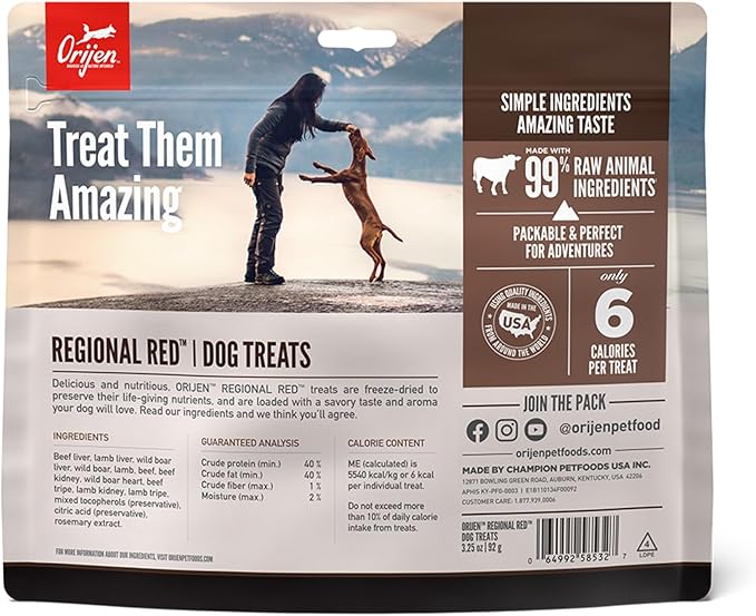 ORIJEN Grain Free High Protein Freeze Dried Dog Treats Regional Red Recipe 3.25oz Bag