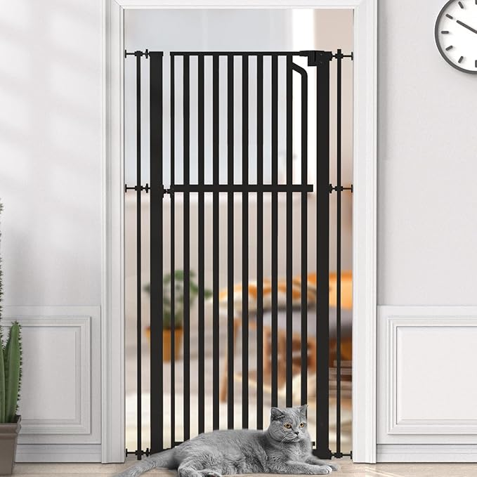 Senneny 63” Extra Tall Cat Gate Auto Close & One-Hand Open, No Drilling Pressure Mounted Kits and Wall Mounted Kits, Metal Pet Gate Fits Openings 29.5” to 33.4” Wide, Black