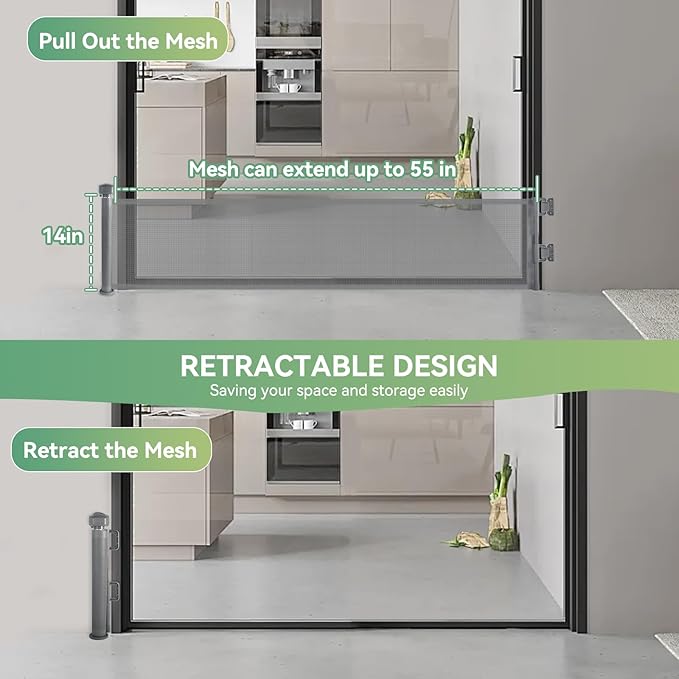 14" Tall Short Dog Gate to Step Over, Retractable Mesh Pet Door for Small Puppy, Extended up to 55" Wide for Indoor Stairs Doorways and Hallway - Grey