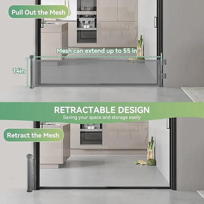 14" Tall Short Dog Gate to Step Over, Retractable Mesh Pet Door for Small Puppy, Extended up to 55" Wide for Indoor Stairs Doorways and Hallway - Grey