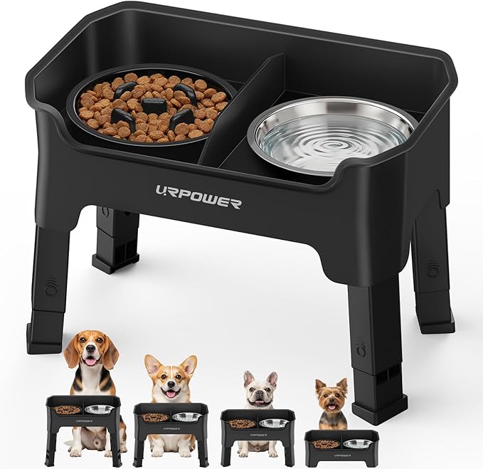 URPOWER Mess Proof Elevated Dog Bowls, High Wall Splash Guard Design, 4 Height Adjustable Raised Bowl Stand, 2 Stainless Steel Bowls, Non-Slip Food Water Set for Small Medium Large Dogs