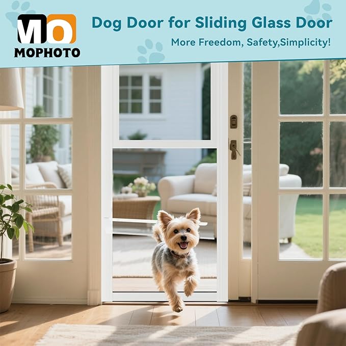MOPHOTO Sliding Glass Dog Door, Adjustable Height 80.7"-86.6" Dog Door for Sliding Door, Lockable Pet Door Panel for Patio, Balcony