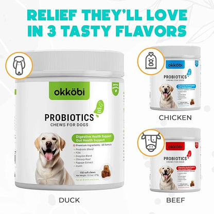 Probiotics for Dogs Chews 150 pcs - Probiotic Chews for Dogs with Enzymes & Natural Ingredients - Digestive & Gut Health Support - US Formula - Duck Flavored
