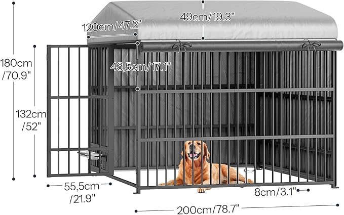 HOOBRO Outdoor Dog Kennel with Cover, 6.6 x 3.9 x 5.9 ft Dog Kennel Outside with Waterproof Roof and Rotating Feeding Bowls, Heavy-Duty Large Cage Enclosure, for Medium & Large Dogs, Black BK212GW03