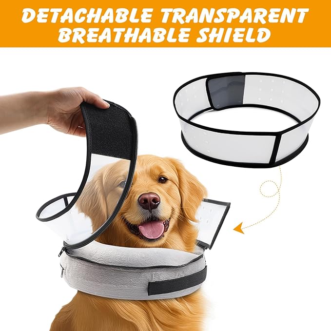 Inflatable Dog Cone Collar with Detachable Transparent Shield, Adjustable Dog Donut Collar to Stop Licking After Surgery.Soft Dogs Cone Alternative for Small Medium Large Dogs(Neck 12-15 inch)