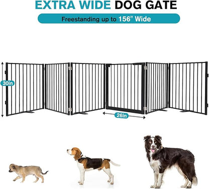 Snagle Paw Extra Wide Dog Gate,Free Standing Dog Fence with Door, Up to 156 Inch Wide Pet Gate with Support Feet for Stairs, Hallways, Doorways, Yard (Black, 6 Panels)