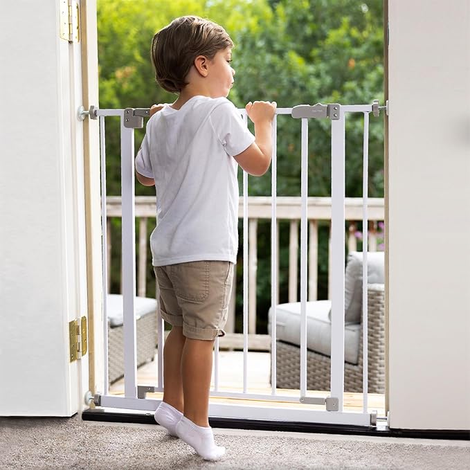 InnoTruth 28.9-42.1" Wide Baby Gate for Stairs & Doorways, 30" Tall Pressure Mounted Dog Gates for Stairs Expandable One-Hand Open, Easy Step Walk Through Dual Lock Metal Pet Gates for Dogs, White