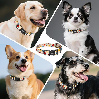 Kazazoo Dog Collar Cute and Soft Nylon Puppy Collar for Boy and Girl, Adjustable Dog Collars for Small Medium Dogs, Ladybugs and Flowers-M