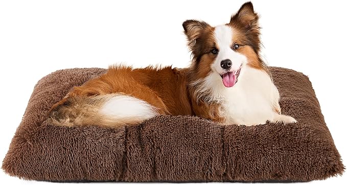 EHEYCIGA Fluffy Dog Crate Bed for Large Dogs, Plush Faux Fur Crate Pad, Calming Anti Anxiety Large Dog Bed, Washable Soft Warm Mat with Non-Slip Bottom, Coffee