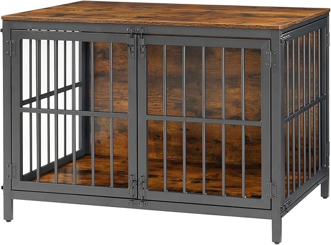 HOOBRO Heavy Duty Dog Crate Furniture, 39.4" Wooden Indoor Kennel with 3 Doors, Chew Resistant Metal Cage for Medium and Large Breeds, Dog Crate Side Table, Black and Rustic Brown BF101GW03