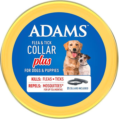 ADAMS Flea & Tick Collar Plus for Dogs & Puppies, 12 Months Protection Against Flea Infestations, Kills Fleas & Ticks, Repels Mosquitoes for Up to 6 Months (Excl. California), One Size Fits All, 2 ct