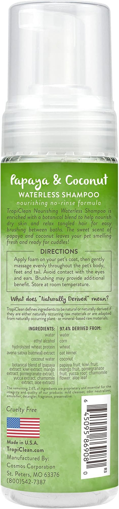 TropiClean No Rinse Waterless Dog Shampoo | Detangling & Deodorizing Dry Shampoo for Smelly Pets | Moisturizes Dry Skin | USA Made | Papaya Scent | 7.4oz