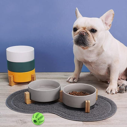 Petygooing Dog Bowls,Grey Ceramic Cat Dog Bowl Set with Wood Stand for Food and Water,Non-Slip Cute Modern Pet Dish Set for Cats and Medium Dogs (28OZ/6.1 in)