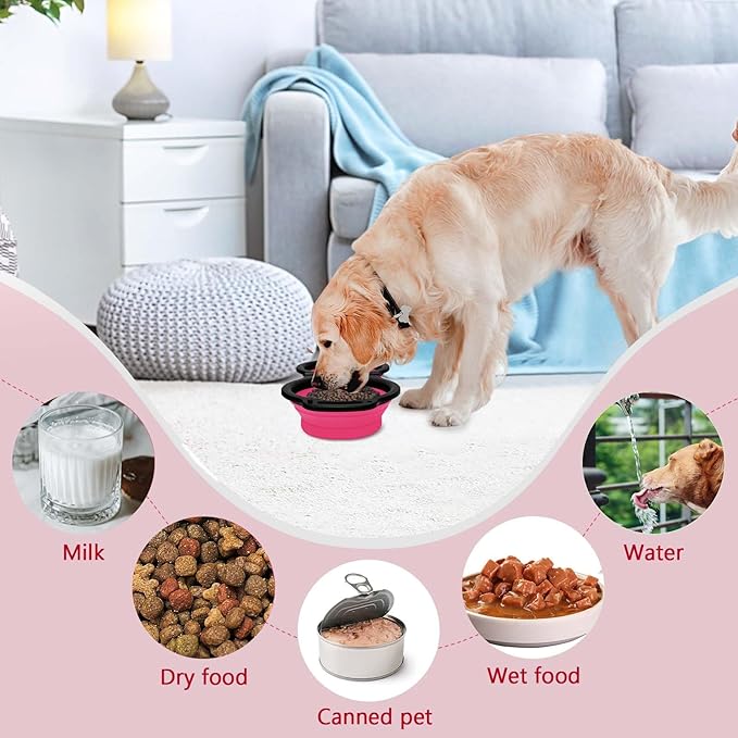 Collapsible Silicone Cat and Dog Travel Bowls,2 in 1 Foldable Pet Feeding and Watering Dish for Walking Camping Hiking with Carabiner (Rose Red)