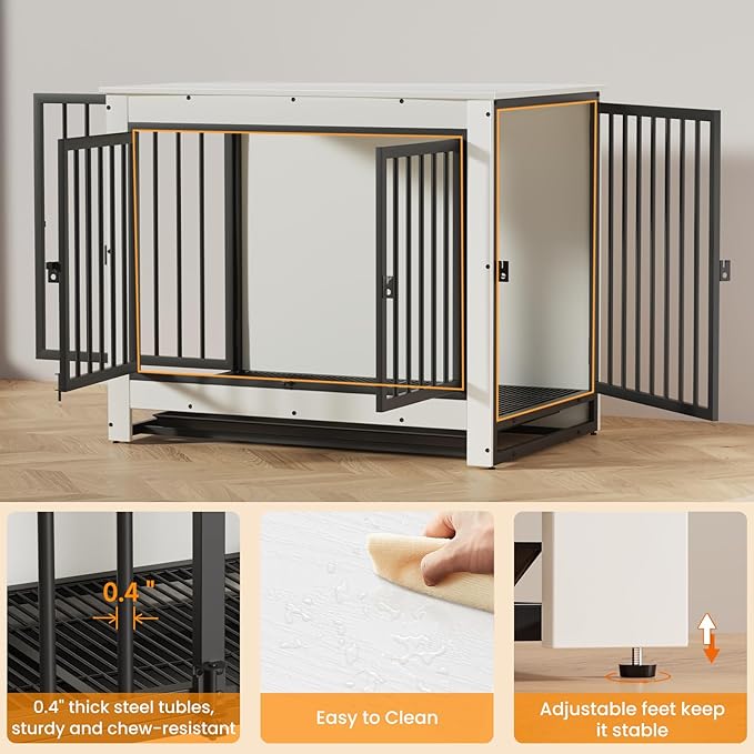 Derfullo Dog Crate Furniture, 38 Inch Indoor Dog Kennel for Medium Dogs Up to 50 LBS, Heavy Duty Wooden Pet Cage End Table with 3 Doors, Alloy Steel Frame & Removable Tray