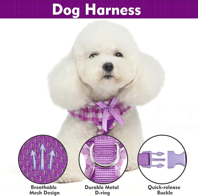 EXPAWLORER Cute Dog Harness and Leash Set - Purple Girl Dog Harness Checkered Step-in Design, Easy Adjustable No-Choke Lightweight Breathable Vest for Small Medium Dogs Outdoor Walking, Medium