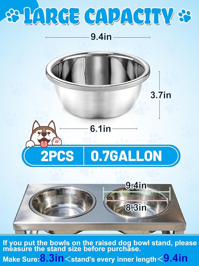 2 Pcs 0.7 Gallon Dog Bowls for Small Medium Dogs - Food Grade Stainless Steel Metal Water Bowl, Easy to Clean Food Bowls for Indoor Outdoor