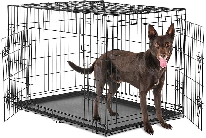 Sweetcrispy Large Dog Crate, 36 Inch Double Door Folding Metal Wire Dog Cage with Plastic Leak-Proof Pan Tray, Pet Kennel for Indoor, Outdoor, Travel