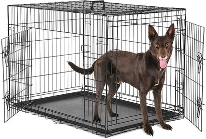 Sweetcrispy Large Dog Crate, 36 Inch Double Door Folding Metal Wire Dog Cage with Plastic Leak-Proof Pan Tray, Pet Kennel for Indoor, Outdoor, Travel