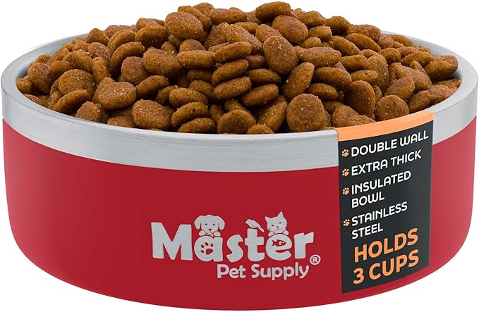Master Pet Supply Stainless Steel Dog Bowls - 25 oz, Heavy Duty - Crimson Flame, Double Wall Extra-Thick Insulated, Non-Slip Pet Water Bowl for Dogs, Cats & Pets, Anti Rust Metal, Dish Washer Safe