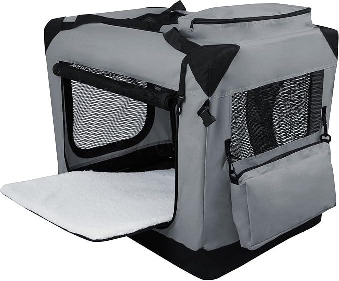 EliteField 3-Door Folding Soft Dog Crate with Carrying Bag and Fleece Bed (2 Year Warranty), Indoor & Outdoor Pet Home (20" L x 14" W x 14" H, Light Gray)
