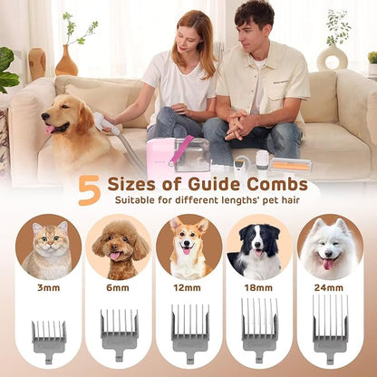 HEAPETS Dog Grooming Vacuum Kit - 3L Vacuum with 7 Tools, Low Noise Electric Clipper and Brush for Pet Shedding at Home, Pink