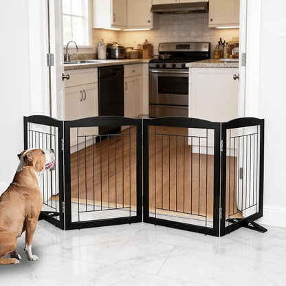 ZJSF Freestanding Dog Fence Indoor, Foldable Dog Gate for Doorways, Stairs or Hallways, Sturdy Wood Extra Wide Pet Gate with Support Feet for The House, Black, 24 "Height-4 Panels