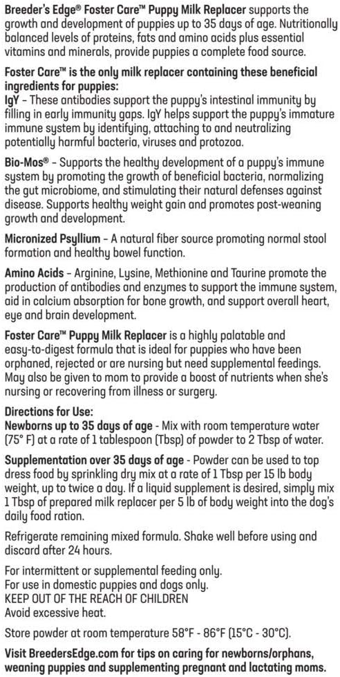 Breeder's Edge Foster Care Canine Milk Replacer Powder, Complete Nutritional Supplement for Puppies & Dogs, Supports Healthy GI & Immune System, Easy to Mix Formula, 4.5 lb