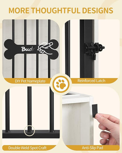 Hzuaneri 24.6'' Dog Crate Furniture with Charging Station, Dog Kennel Indoor with Flip-Top Storage, Wooden Pet Cage Dog House End Side Table for Small Dogs Anti-Chew Anti-Escape, White Brown DFC90114B