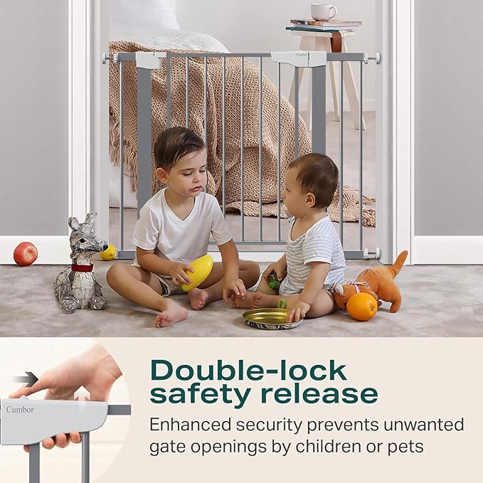 Cumbor 29.7-40.6" Baby Gate for Stairs, Mom's Choice Awards Winner-Dog Gates for Doorways, Pressure Mounted Auto-Close Pet Gates for Dogs Indoor, Safety Child Gate with Easy Walk Thru Door, Gray