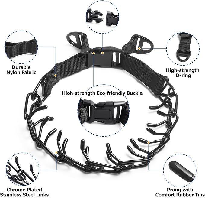 Prong Collar for Medium Dogs, Dog Pinch Collar,Dog Training Collar,High Strength Quick Release Buckle,Comfort Rubber Tips (Black，3.0mm, 20-Inch)
