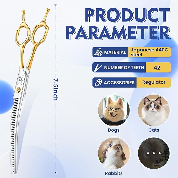 JASON Curved Thinning Dog Scissors - Ergonomic Updated Dog Grooming Shears Sharp Curved Blender 440C Stainless Steel Professional Pet Shears for Groomer 7"