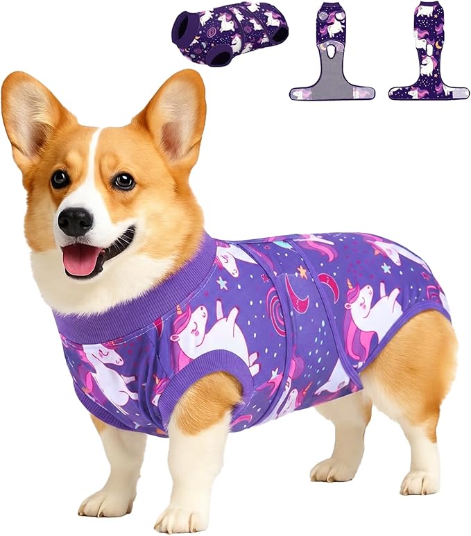 PetWarm Dog Surgery Recovery Suit Male, Dog Surgical Recovery Suit, Spay and Neuter, Prevents Licking After Surgery, Onesies for Dogs, Unicorn Pattern, Purple, S