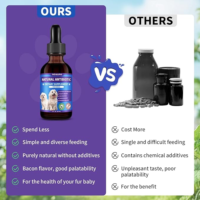 Dog Antibiotics Support - 2PCS Natural Antibiotics Care for Dogs Herbal Supplement for Cough Allergy Itch Relief Immune Support Dog UTI Comfort for All Breeds & Ages - 120 ml/4 Fl Oz Bacon Flavor