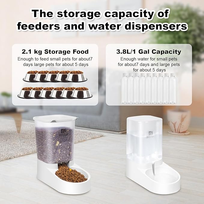 Marchul Dog Feeder and Water Dispenser, Automatic Gravity Dog Food Dispenser, Pet Food Dispenser Set for Small Medium Dogs Puppy Kitten (1 Gallon / 3.8L with Silicone Mat)