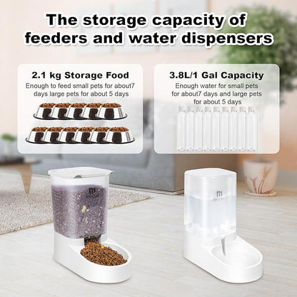 Marchul Dog Feeder and Water Dispenser, Automatic Gravity Dog Food Dispenser, Pet Food Dispenser Set for Small Medium Dogs Puppy Kitten (1 Gallon / 3.8L with Silicone Mat)