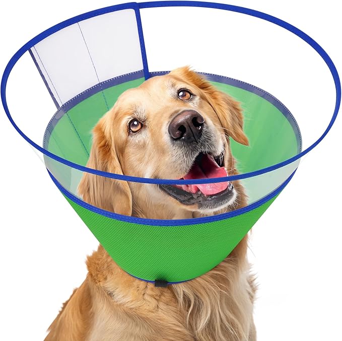 Dog Cone Collar, Clear Soft Cone for Dogs After Surgery to Stop Licking, Breathable Mesh Recovery Collar with Elastic Loop for Snug Fit, Adjustable E-Collar for Large Dogs, Green Size 5