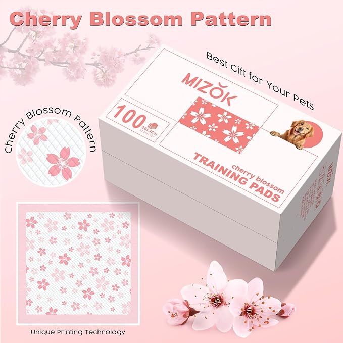 MIZOK 36x36in Puppy Pads Pink, Dog Pee Pads Leak-Proof with Quick-Dry Surface, Dog Pads Extra Large with Cherry Blossom Prints, Pee Pads for Dogs Super Absorbent (100 Count)