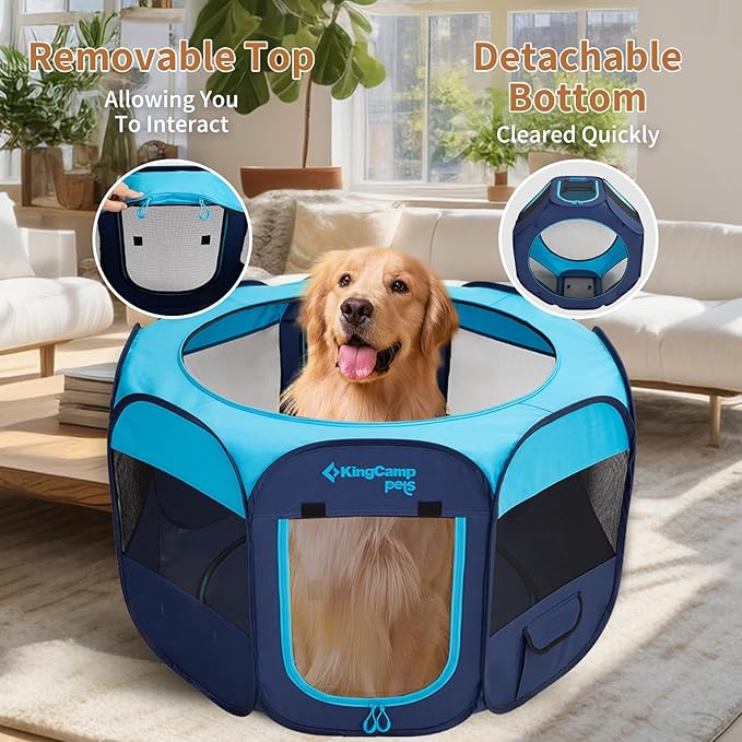 KingCamp Dog Playpen, Portable Foldable Cat Kitten Puppy Tent Crates 29"/36"/50" Pop Up Pet Playpen with Zippered Bottom & Cover for Indoor Outdoor Use (Medium, Blue)