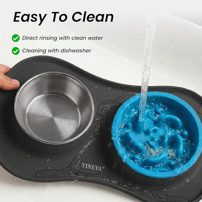 YINEYA Slow Feeder Dog Bowls Stainless Steel Food and Water Bowl Set 3 in 1 No Spill Waterproof Silicone Pet Food Mat Puppy Feeding Station for Large Medium Small Breed Non Slip Metal Dish Tray
