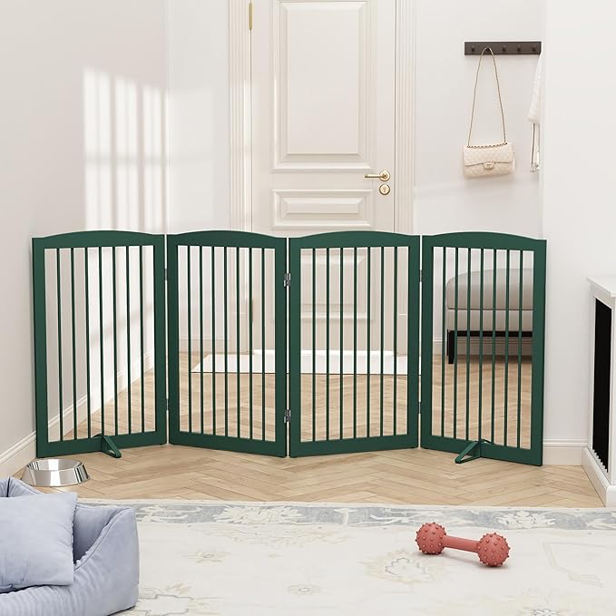 PUPETPO Freestanding Pet Gate for Dogs, Indoor Wooden Dog Gate for House, Foldable Dog Gate for Doorway, Stair, Step Over Pet Puppy Safety Fence Tall, 80 Inch Wide, 4 Panels 32", Green