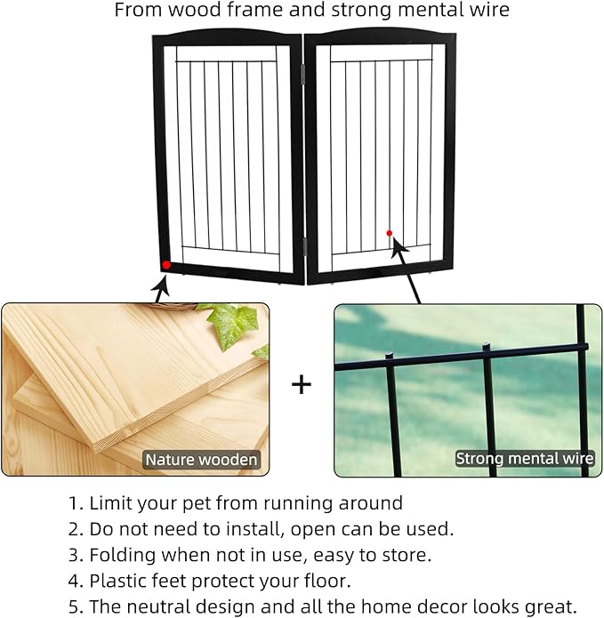 ZJSF Freestanding Foldable Dog Gate for House Extra Wide Wooden Indoor Puppy Gate Stairs Doorways Pet Gate Tall Dog Fence 2 Panels Fence Black