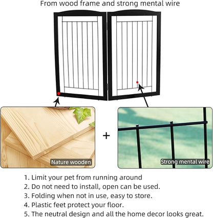 ZJSF Freestanding Foldable Dog Gate for House Extra Wide Wooden Indoor Puppy Gate Stairs Doorways Pet Gate Tall Dog Fence 2 Panels Fence Black