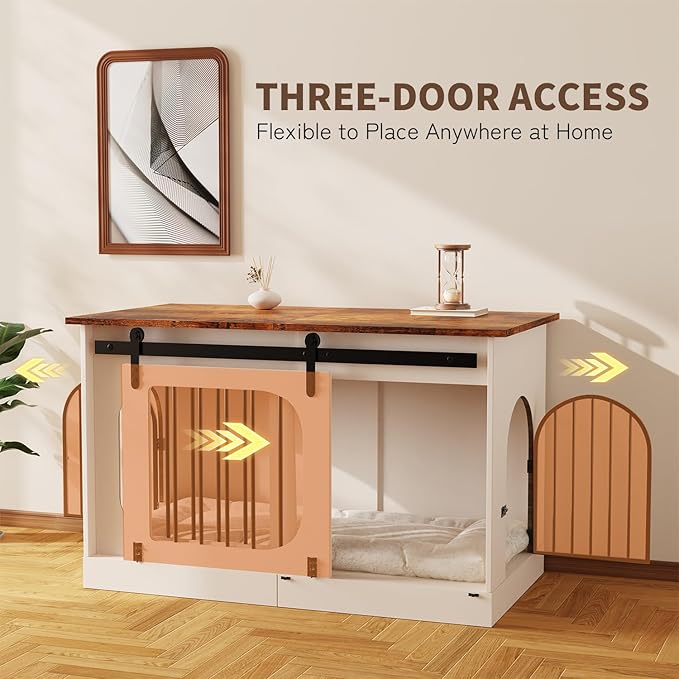 XL Dog Kennel Furniture,39.4 Inch Farmhouse Crate Furniture with Cushion Decorative White Dog Kennel Indoor Thick Wooden Pet House End Table Modern Cage Furniture for Small/Medium/Large Dog