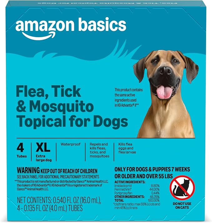 Amazon Basics Preventative Flea, Tick & Mosquito Topical Treatment for X-Large Dog (Over 55 Pounds), 4 Count, Packaging May Vary