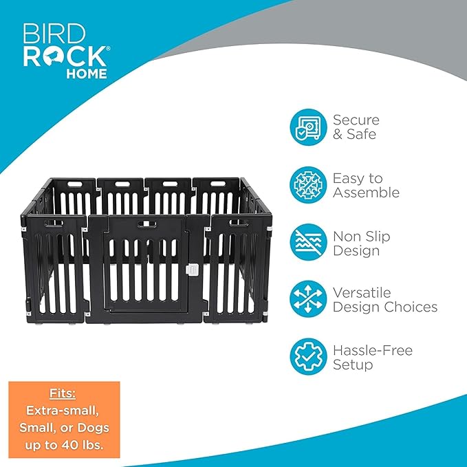 BIRDROCK HOME Dog Playpen w/Door, 12 Panel, 25.6in H | Strong Plastic, Non-Slip Puppy Playpen, Secure Pet Gate | Indoor Outdoor Fence | Configurable Panels | Small to Medium Pets - Black