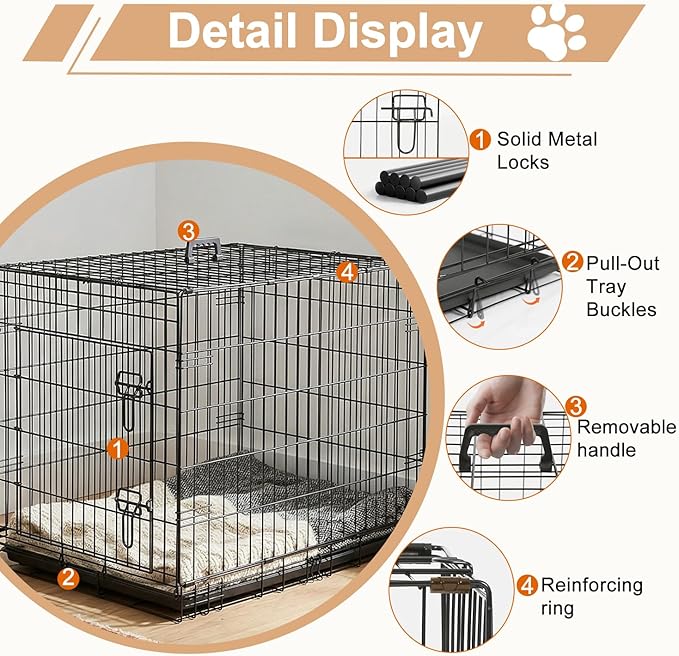 FDW 36" Foldable Metal Dog Crate with Leak-Proof Tray for Medium Dogs, Black